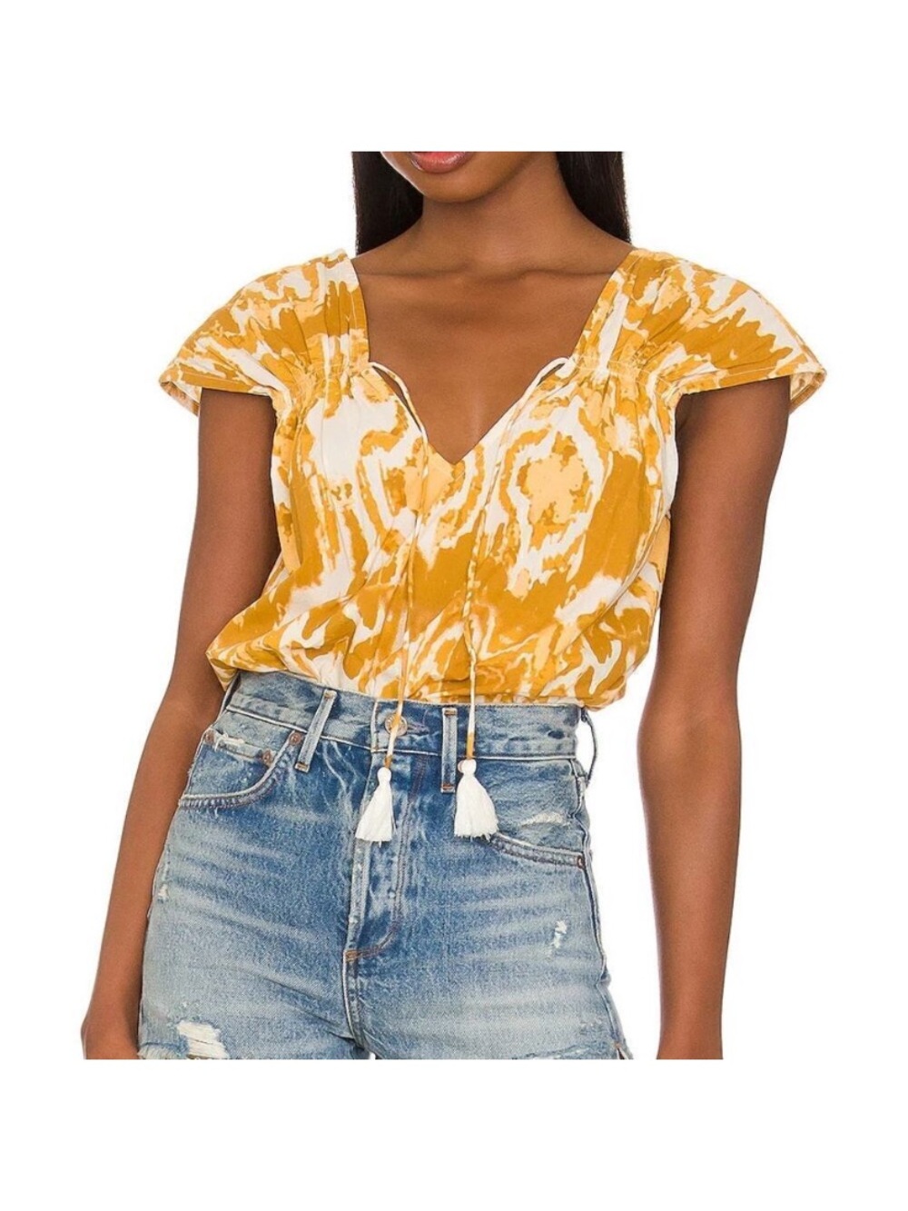 Cleobella Naomi Short Sleeve V-Neck Blouse Watercolor Ikat Print Women's Size S